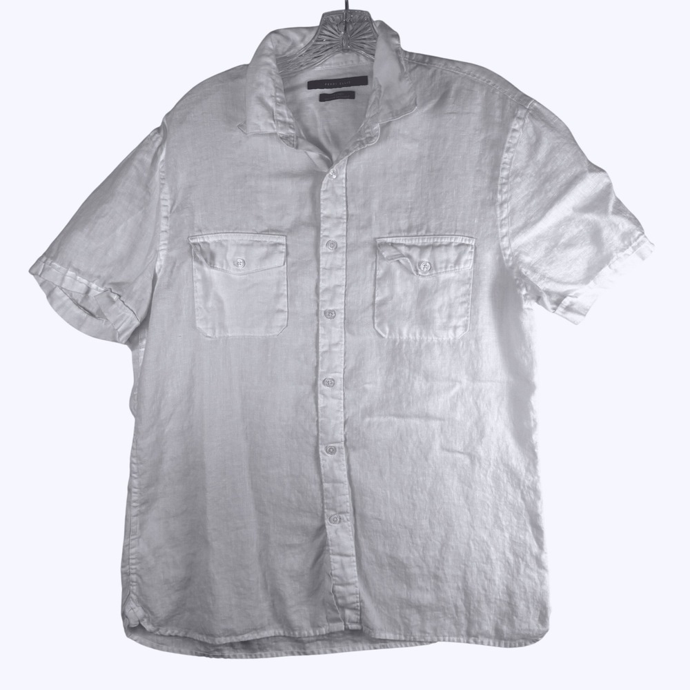 Perry Ellis Mens White 100% Linen Short Sleeve Button Down Shirt Size M Pocket - Picture 2 of 9